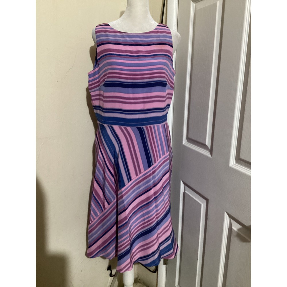 MAGGY LONDON Silk Striped Midi Dress Pink Purple Blue Sleeveless Size 10 - Picture 1 of 5